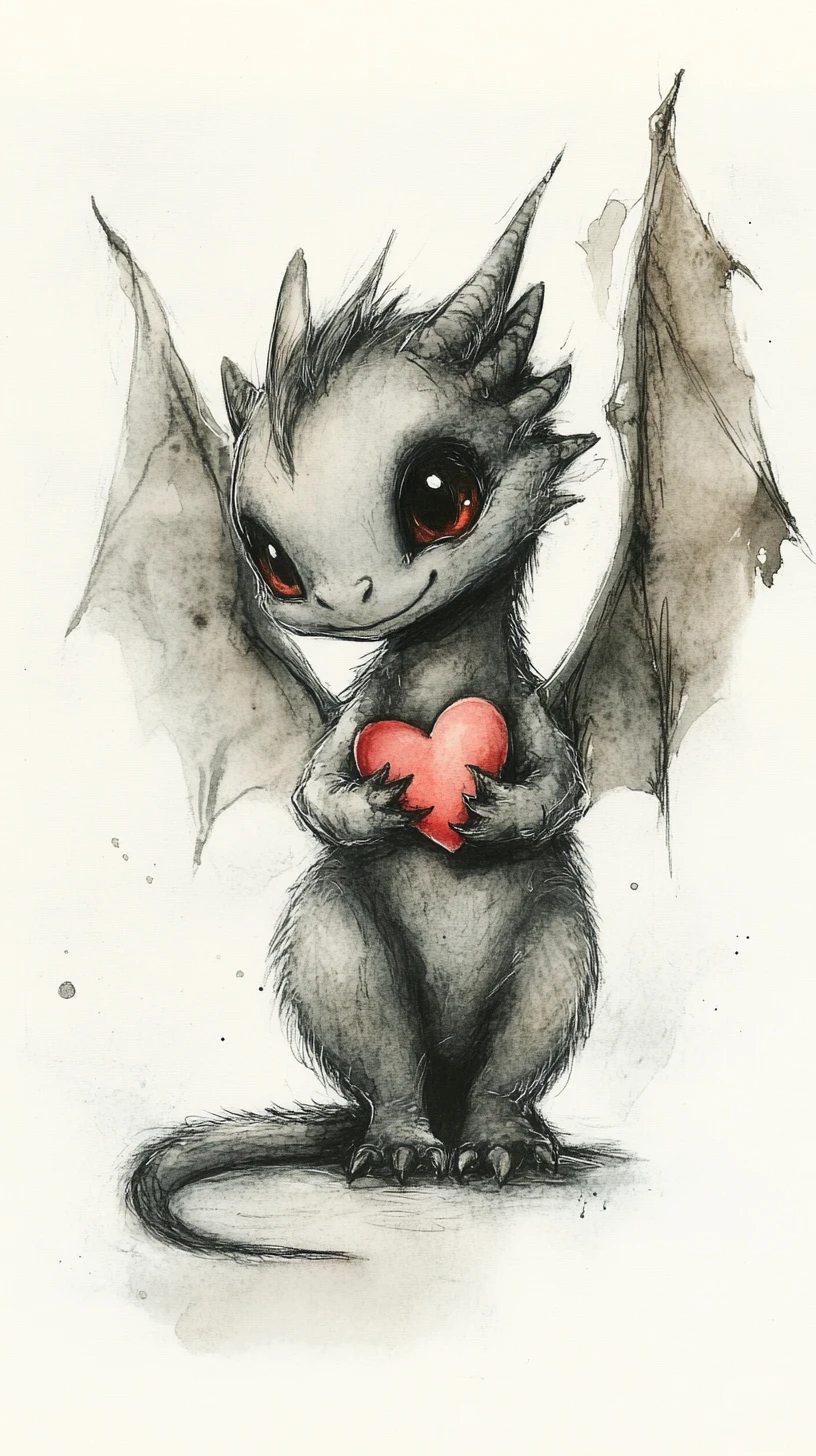 Cute baby dragon with red heart in watercolor style