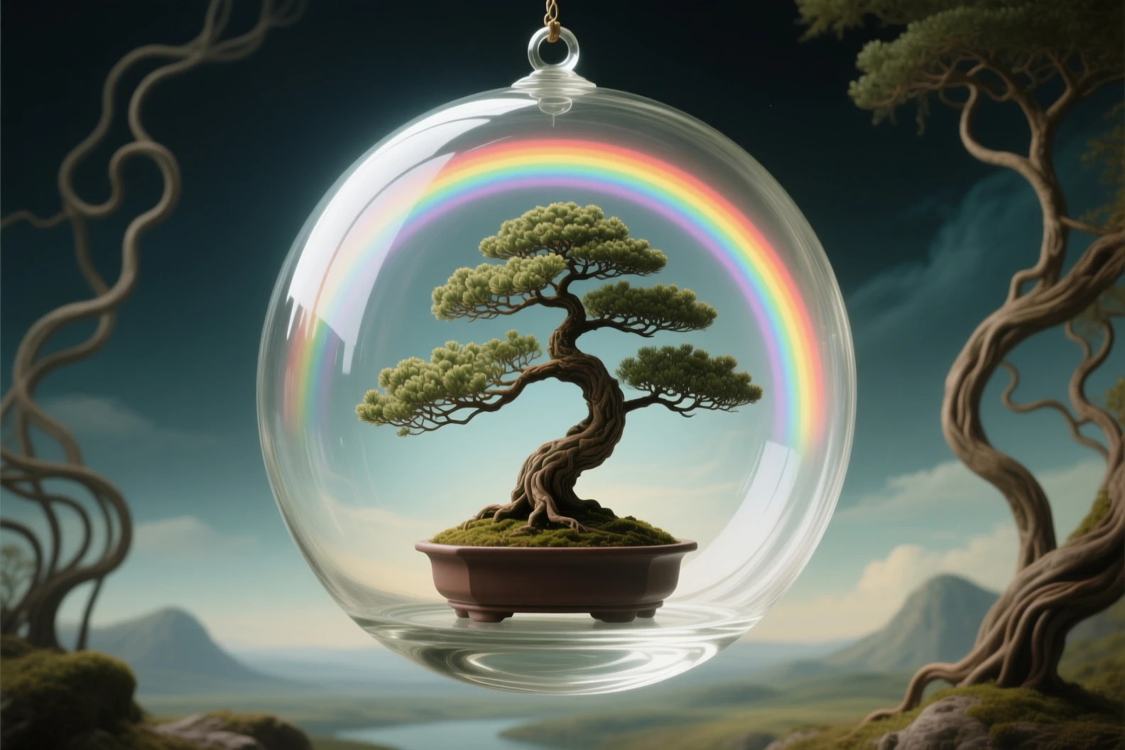Delicate bonsai tree in a clear glass sphere with light