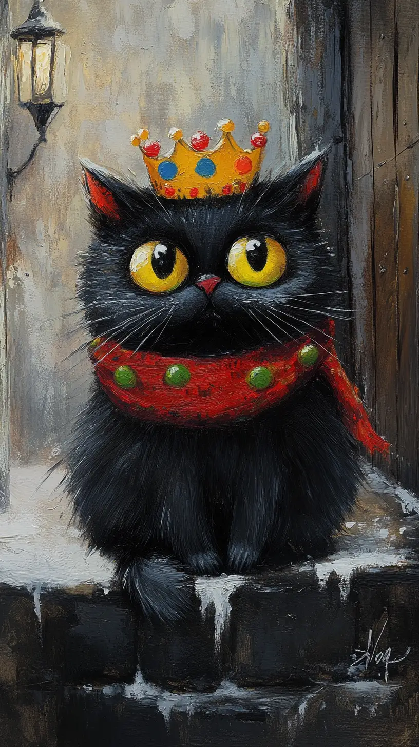 Plush black cartoon cat with crown on stone surface
