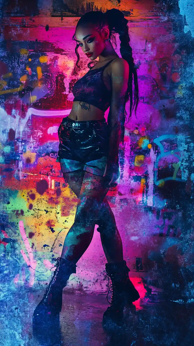 Edgy hip hop pop princess posing in urban graffiti mural