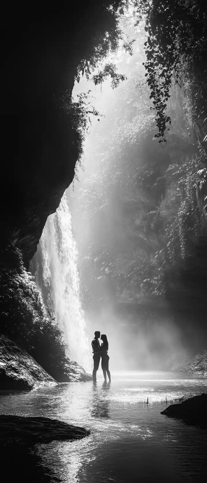 Romantic couple embracing under a misty waterfall at dusk