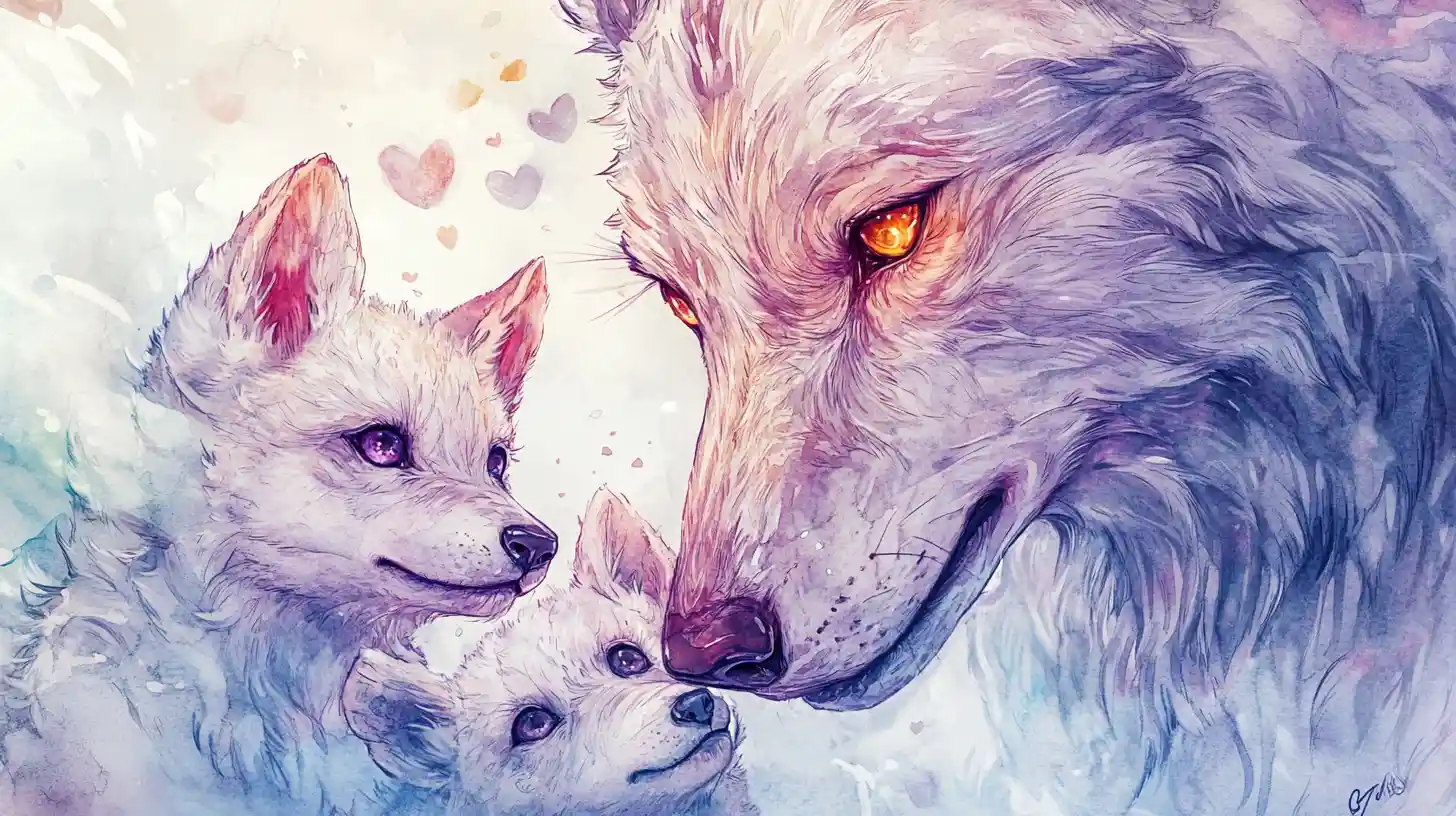 Padres lobo en acuarela abrazando cachorros peludos con ojos brillantes