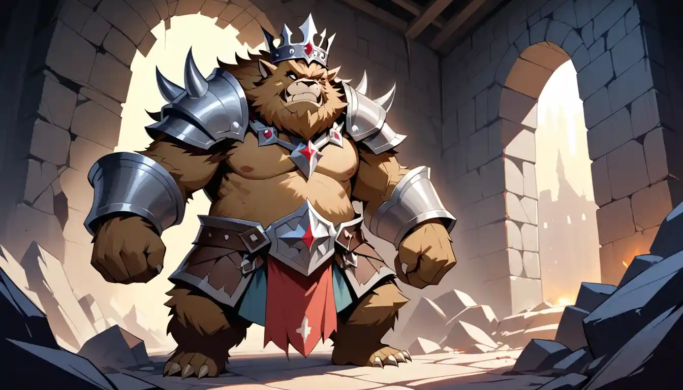 Bugbear king with iron crown in ruined castle hall
