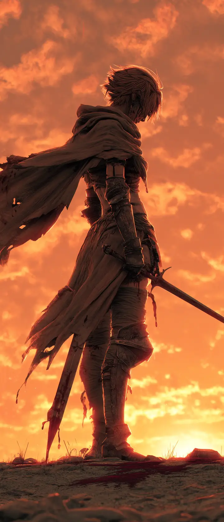 Warrior girl mourning on a battlefield at sunrise