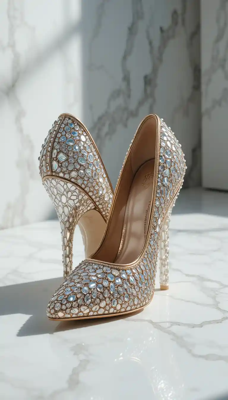 Zapatos de tacón alto con diamantes y detalles dorados sobre suelo de mármol