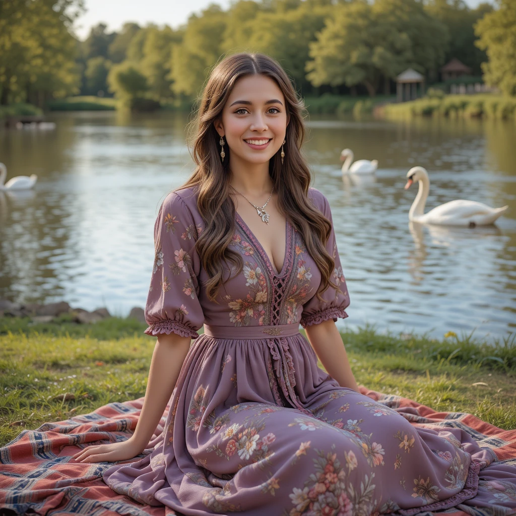 Lächelnde Frau im Vintage-Kleid bei einem Picknick am Flussufer