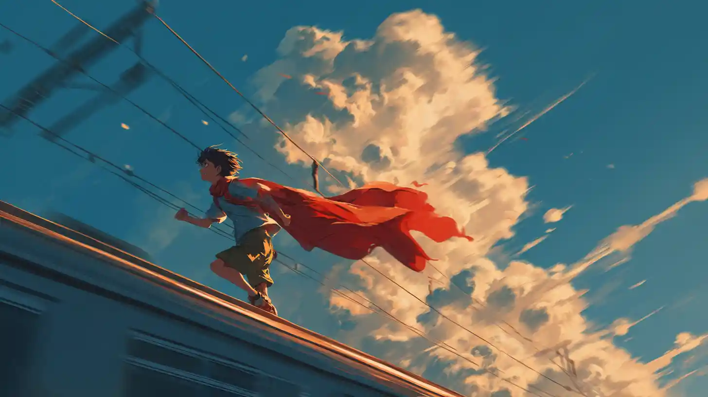 Anime boy running on a sky train with red scarf