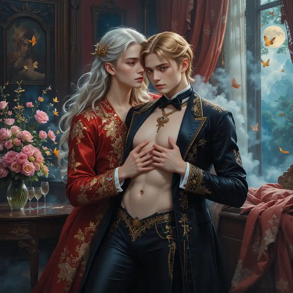 Baroque fantasy princes embracing in a moonlit living room