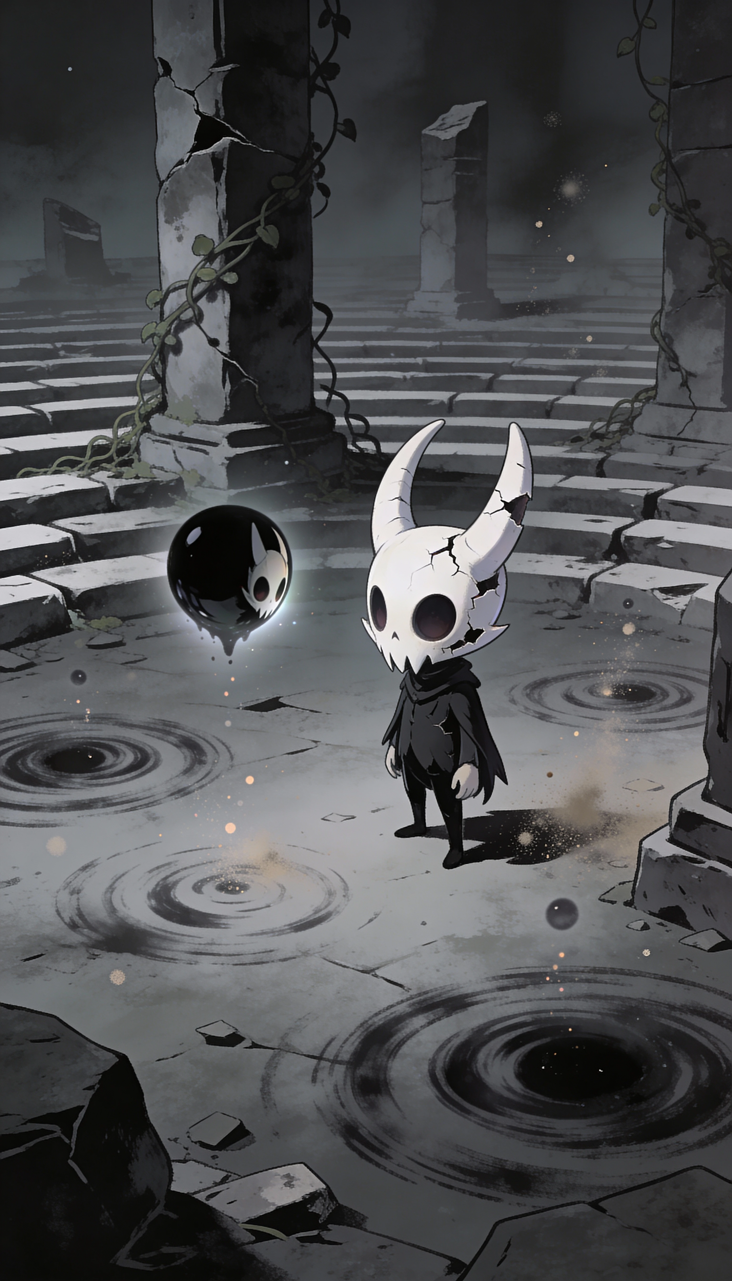 Small masked wanderer alone in ancient crumbling ruins