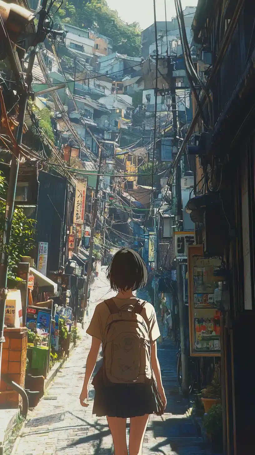 Anime girl walking down a narrow nostalgic Japanese street