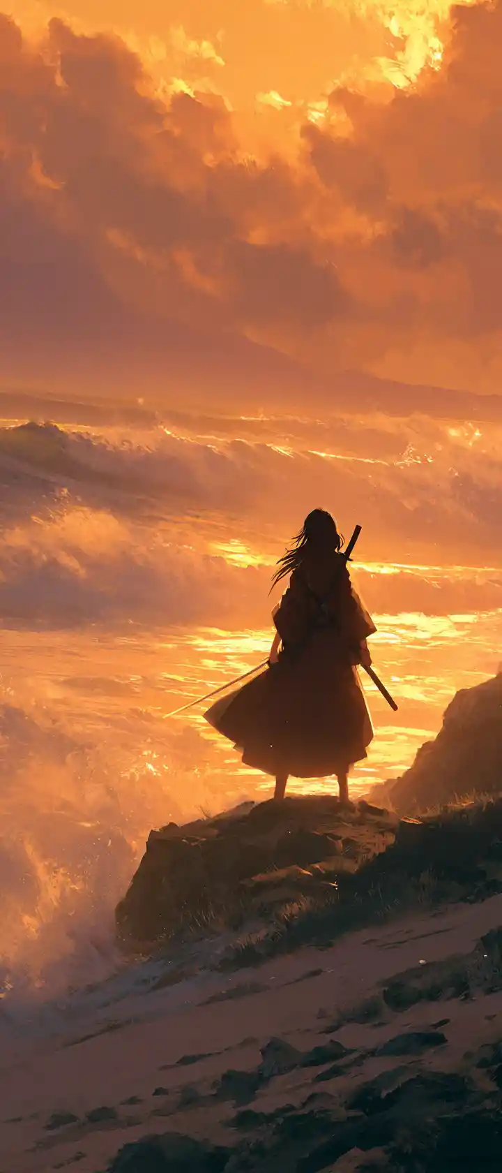 Samurai girl on ocean cliff at dramatic sunrise