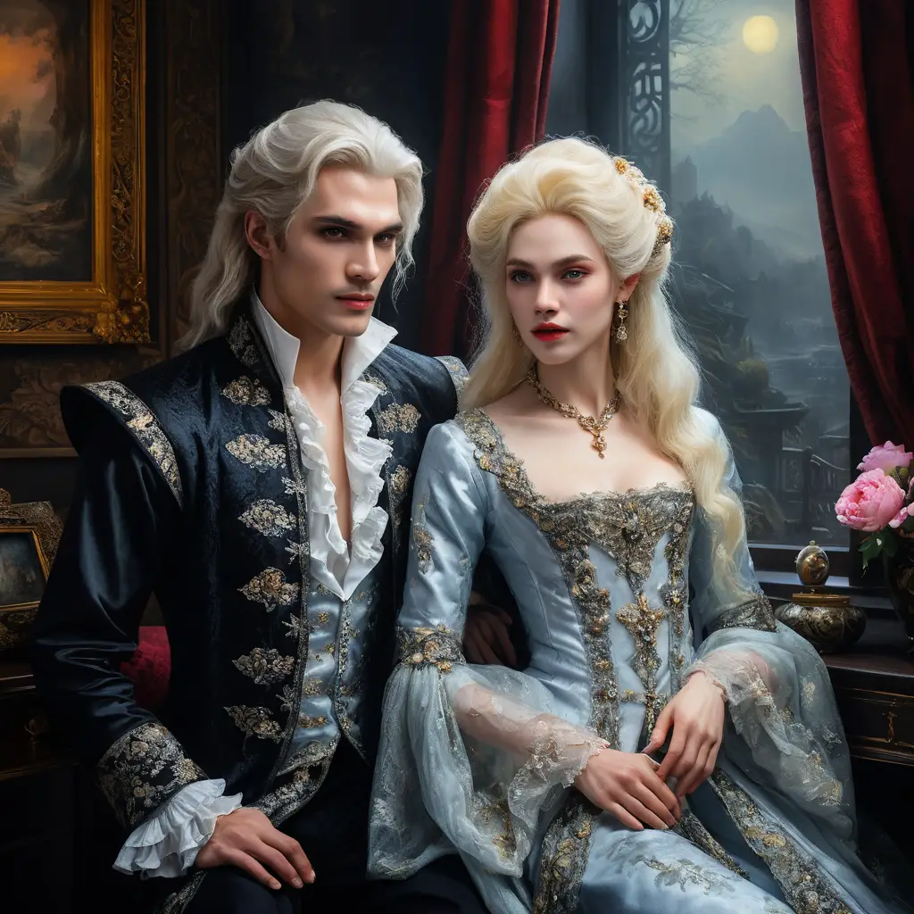 Baroque fantasy princes embracing in a moonlit salon