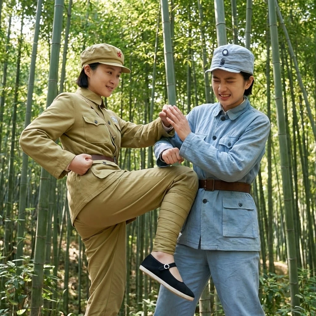 戦時中の竹林で組手をする中国人姉妹
