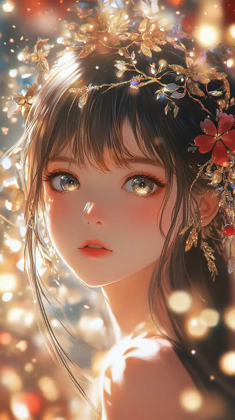 花卉髮飾與散景效果的動漫少女肖像