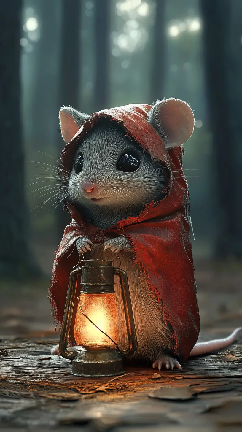 Tiny hooded mouse with lantern in dark forest