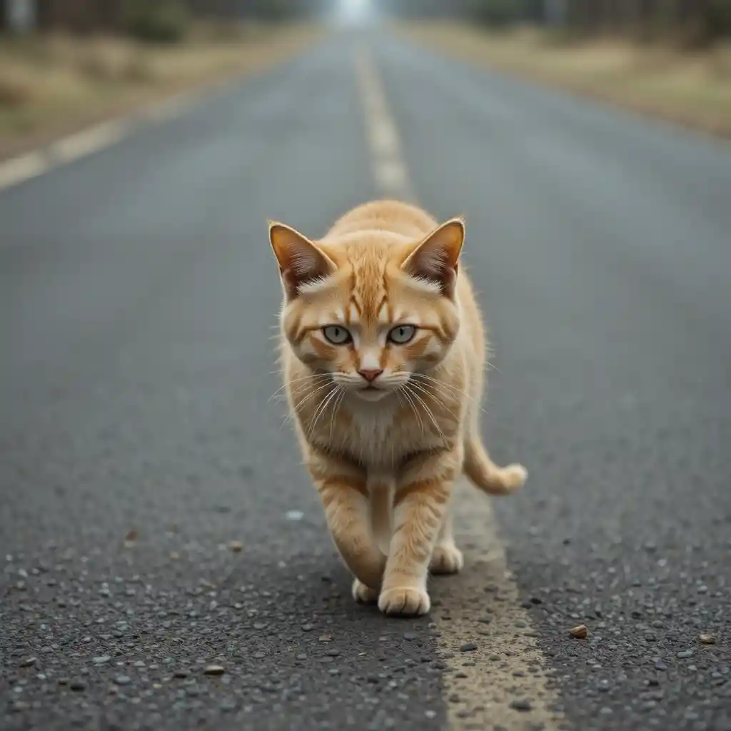 Chat jaune solitaire marchant lentement le long d’une route déserte