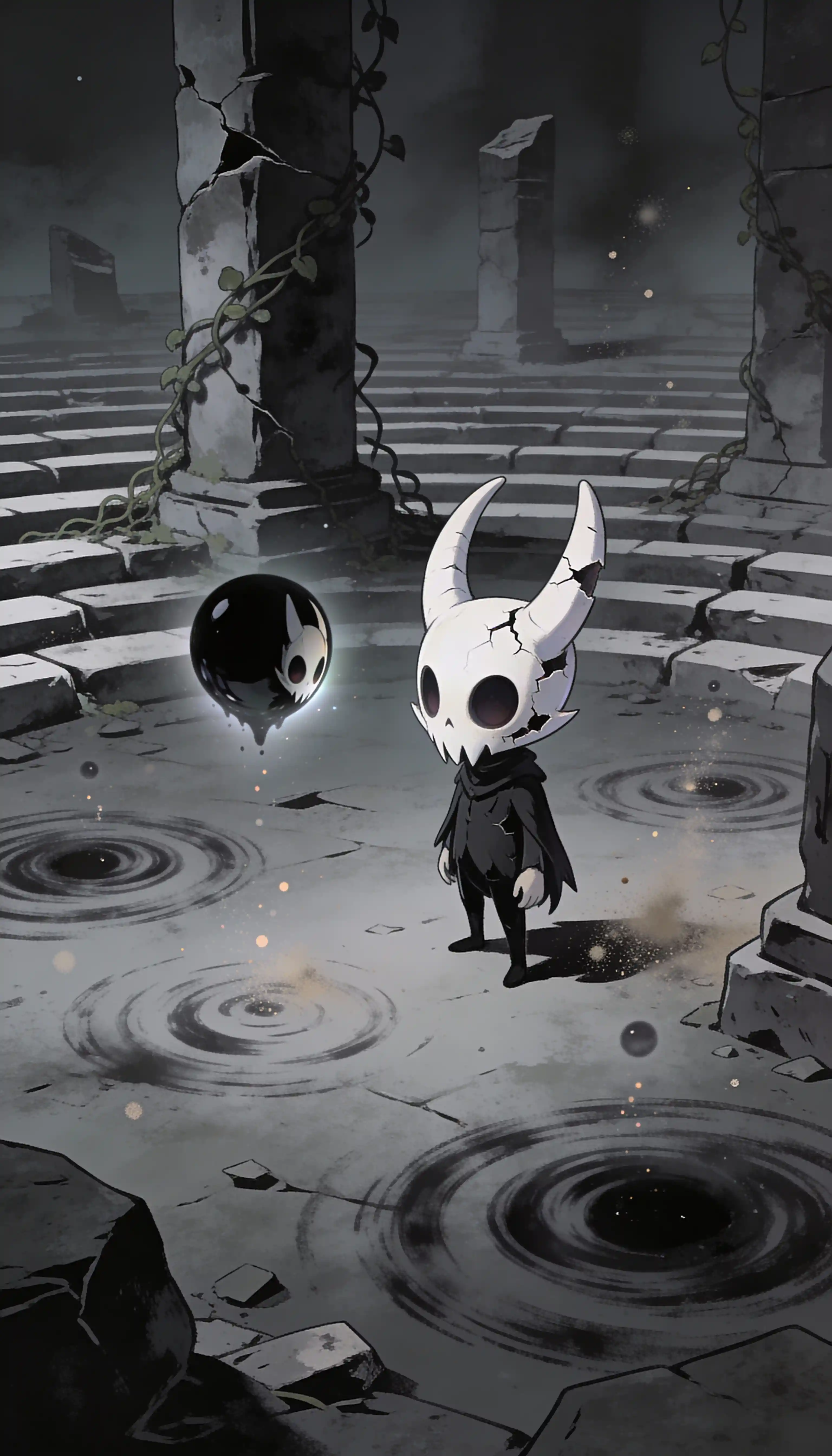 Small masked wanderer alone in ancient crumbling ruins