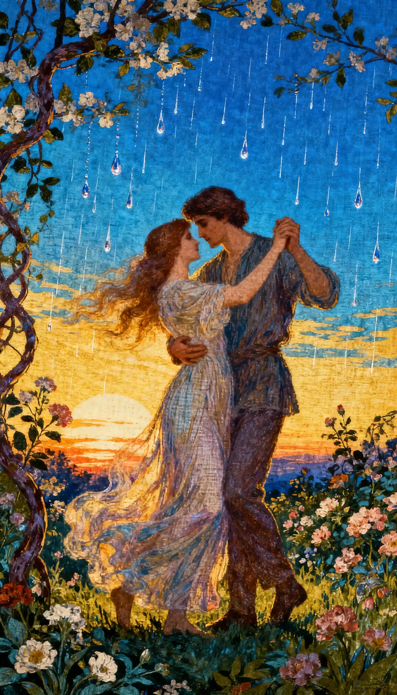 Romantic Couple Dancing In A Garden At Spring Evening