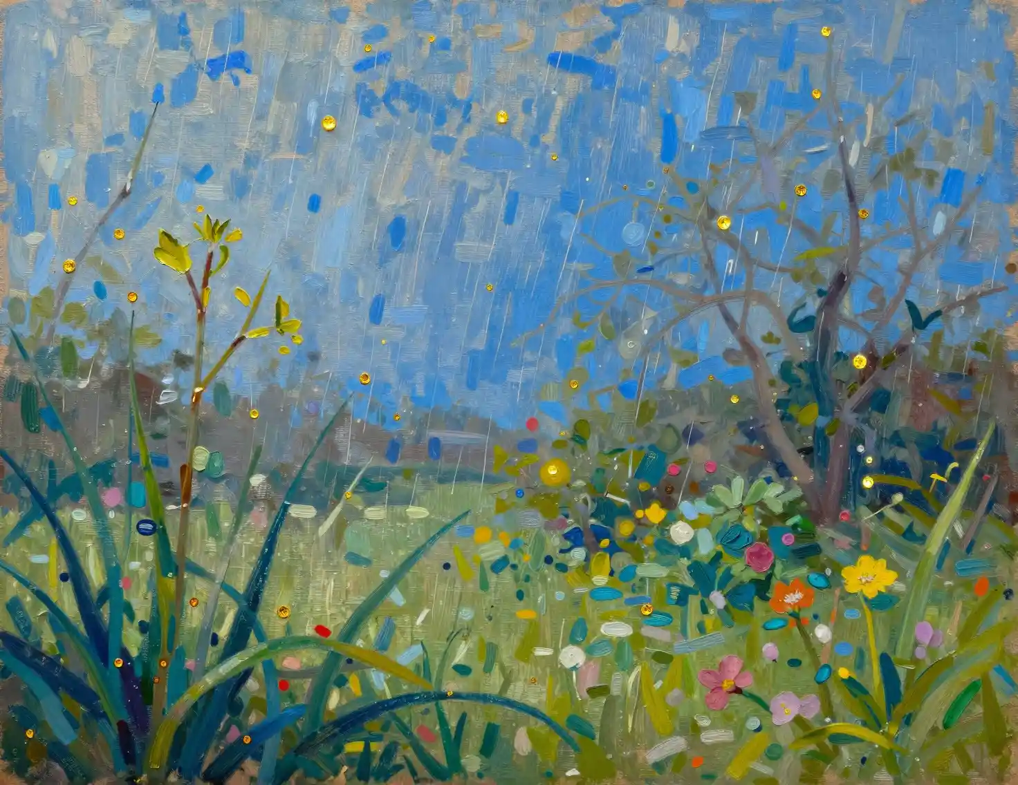 Spring garden flowers sparkling with golden sunlit rain