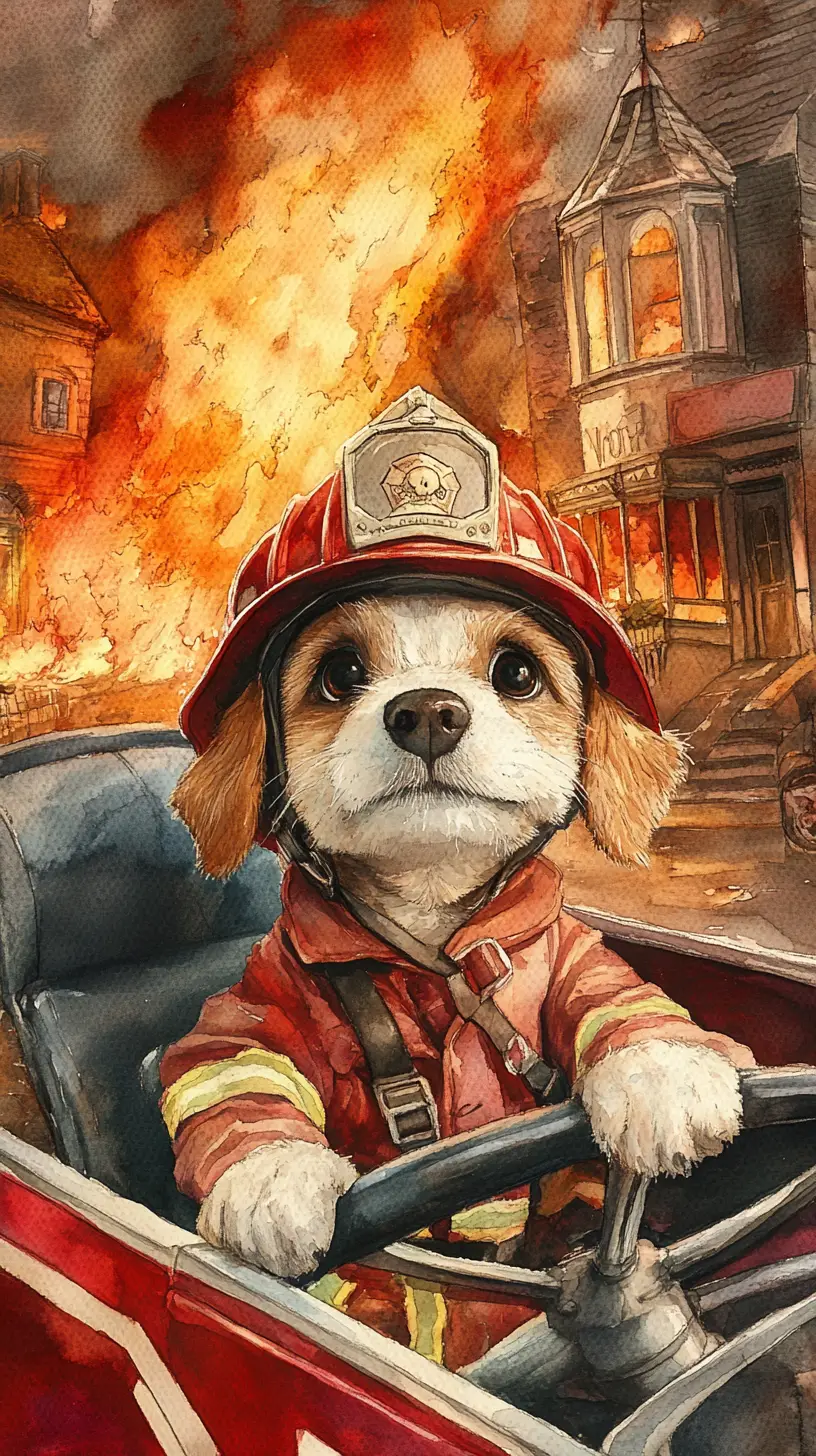 Cute dog firefighter driving a red fire truck