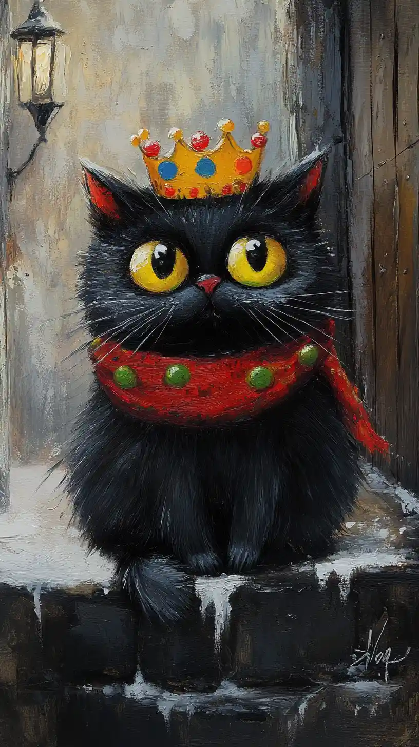 Plush black cartoon cat with crown on stone surface