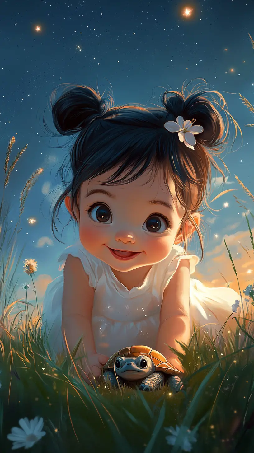 Cute baby girl crawling in grass with turtle
