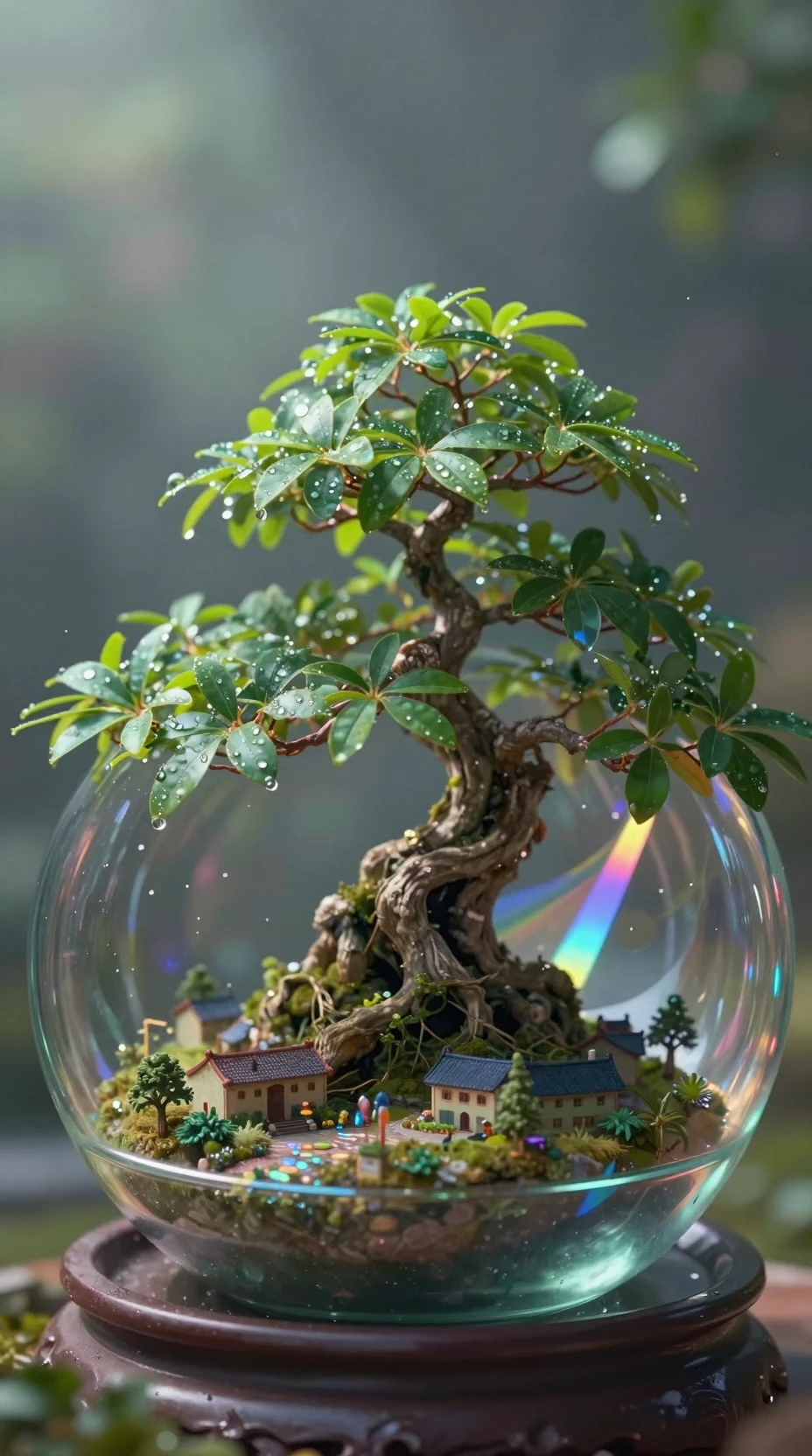 Overhead macro view of a bonsai tree in a glass sphere