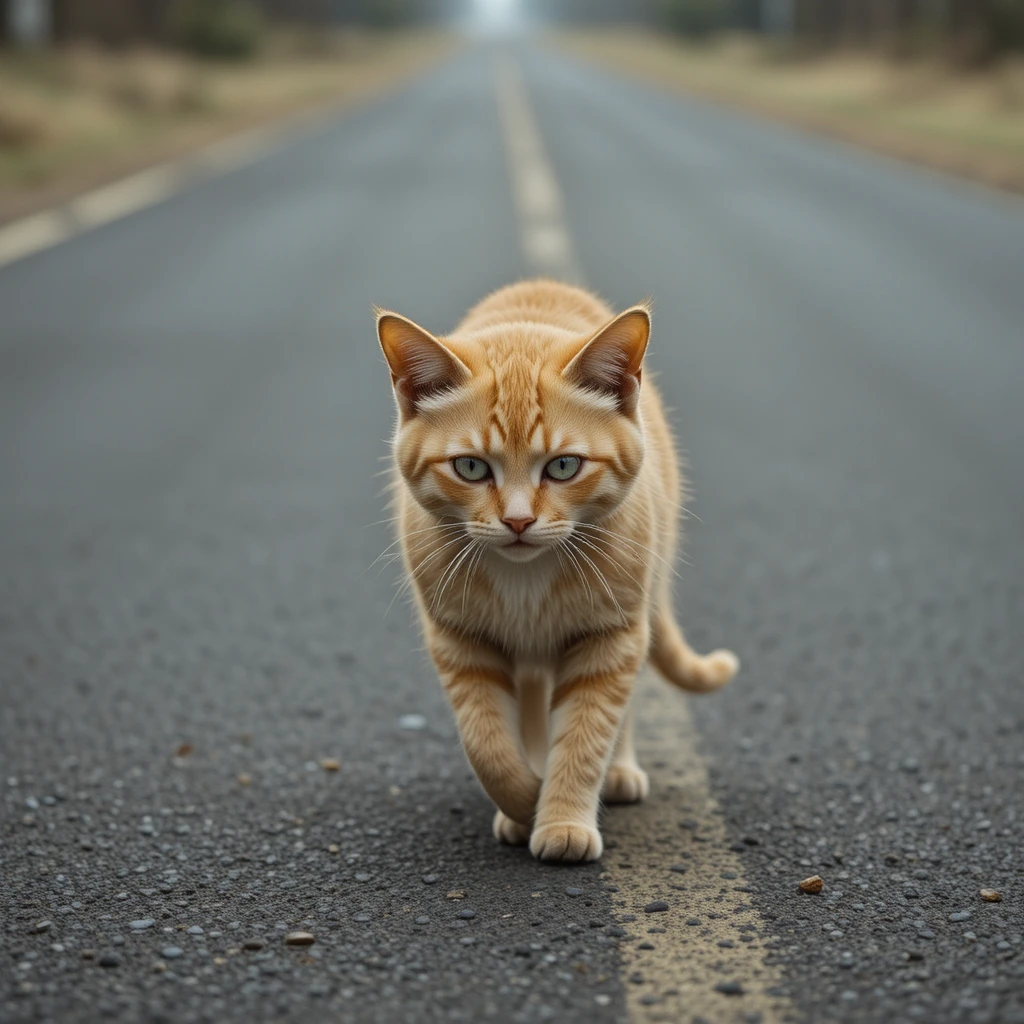 Chat jaune solitaire marchant lentement le long d’une route déserte
