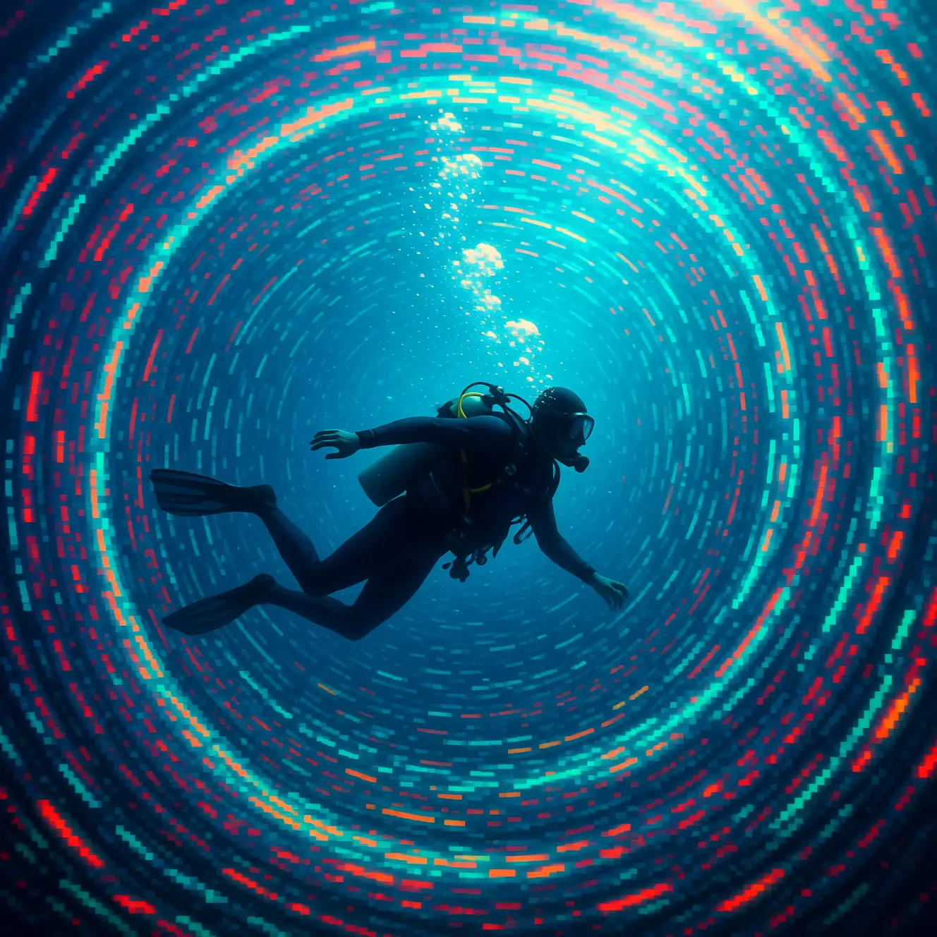Diver drifting through a surreal vortex in the ocean
