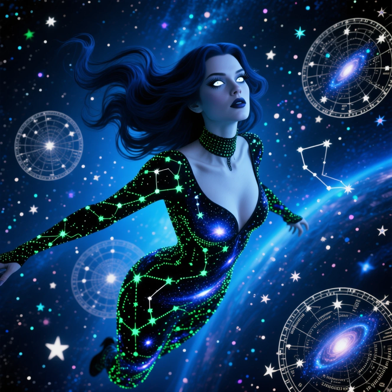 Celestial witch portrait floating in deep blue cosmic space