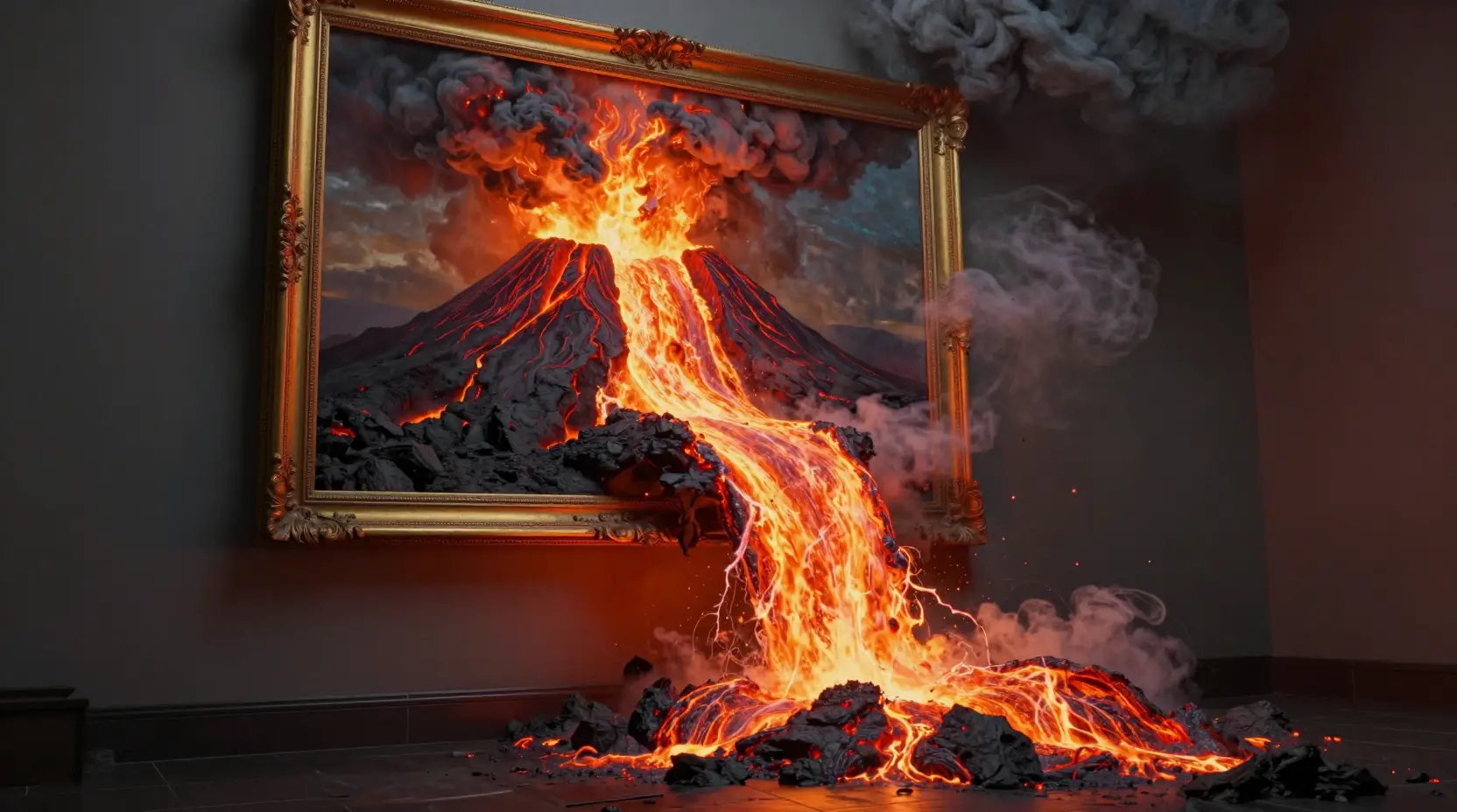 Lava Erupting From Framed Painting Into A Room
