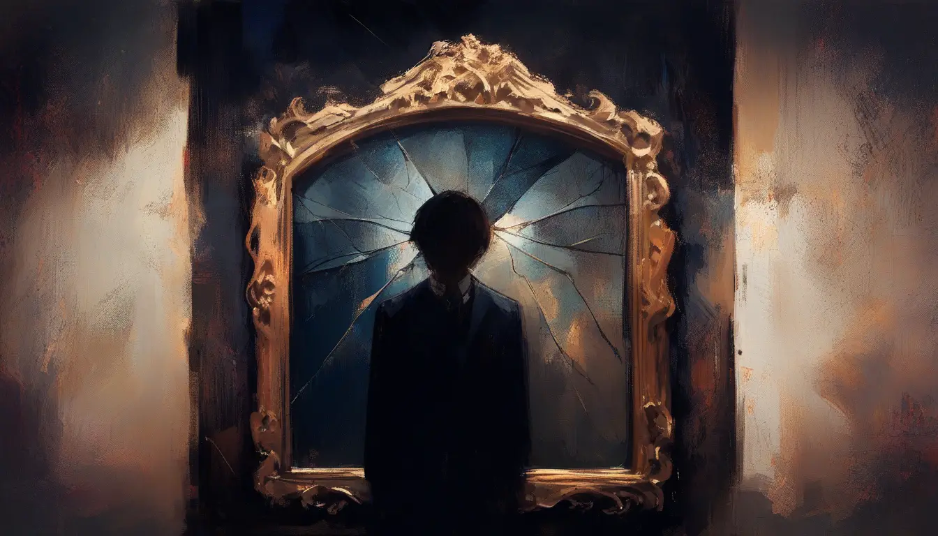 Lonely man facing his distorted reflection in a cracked mirror