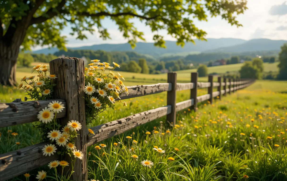 Yellow daisies along a rustic wooden fence in sunlight