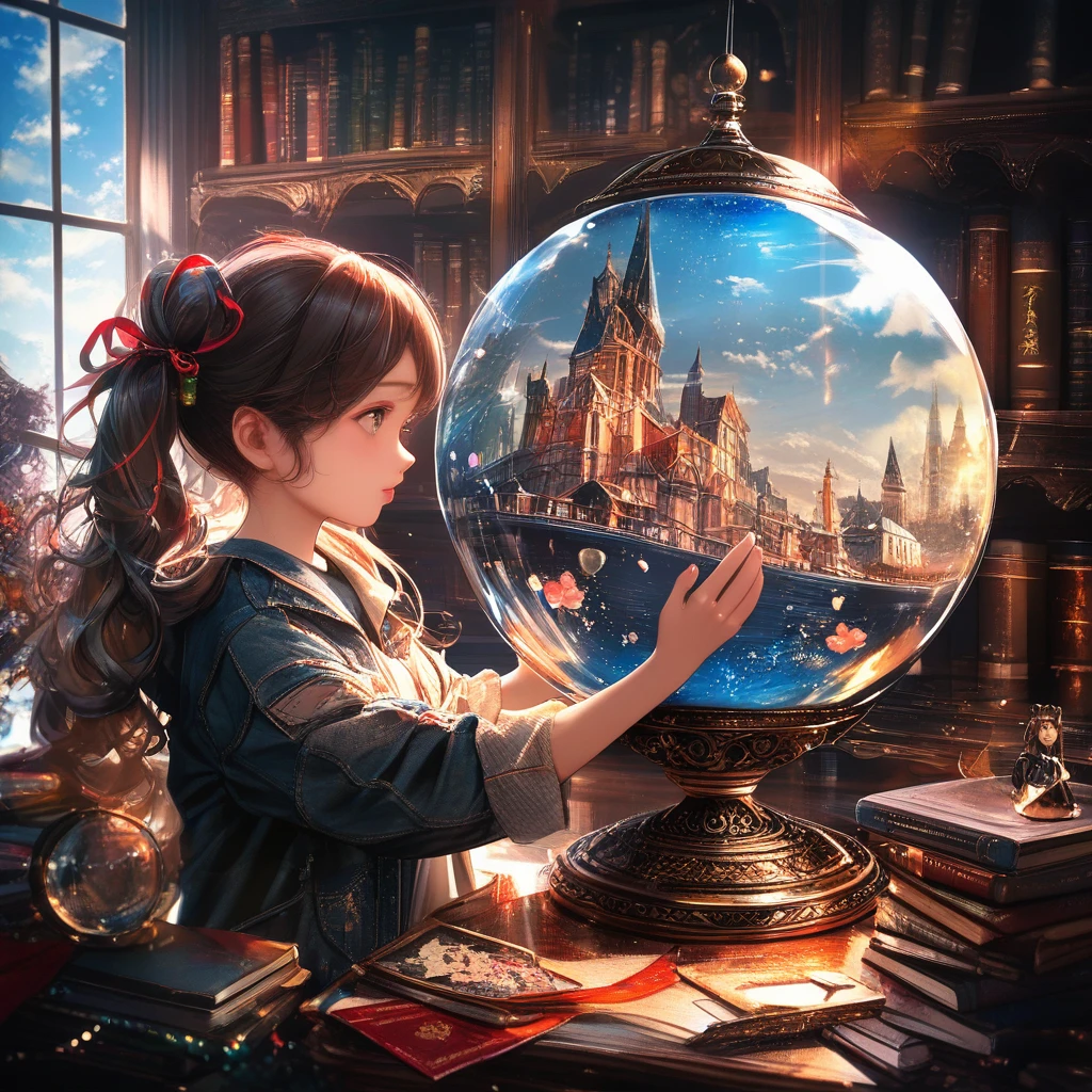 Ragazza con palla di neve magica in una biblioteca antica