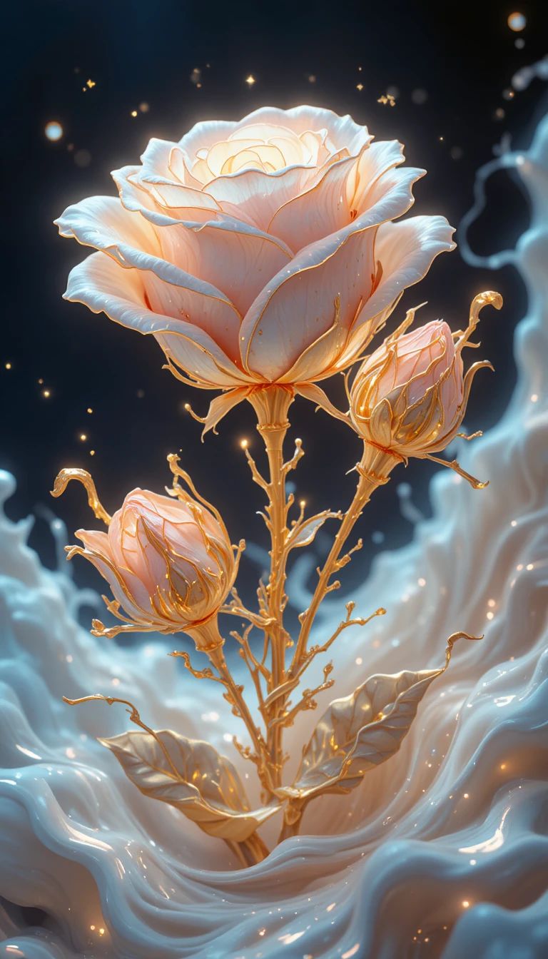 Rose 3D surreali con linee dorate su sfondo al neon