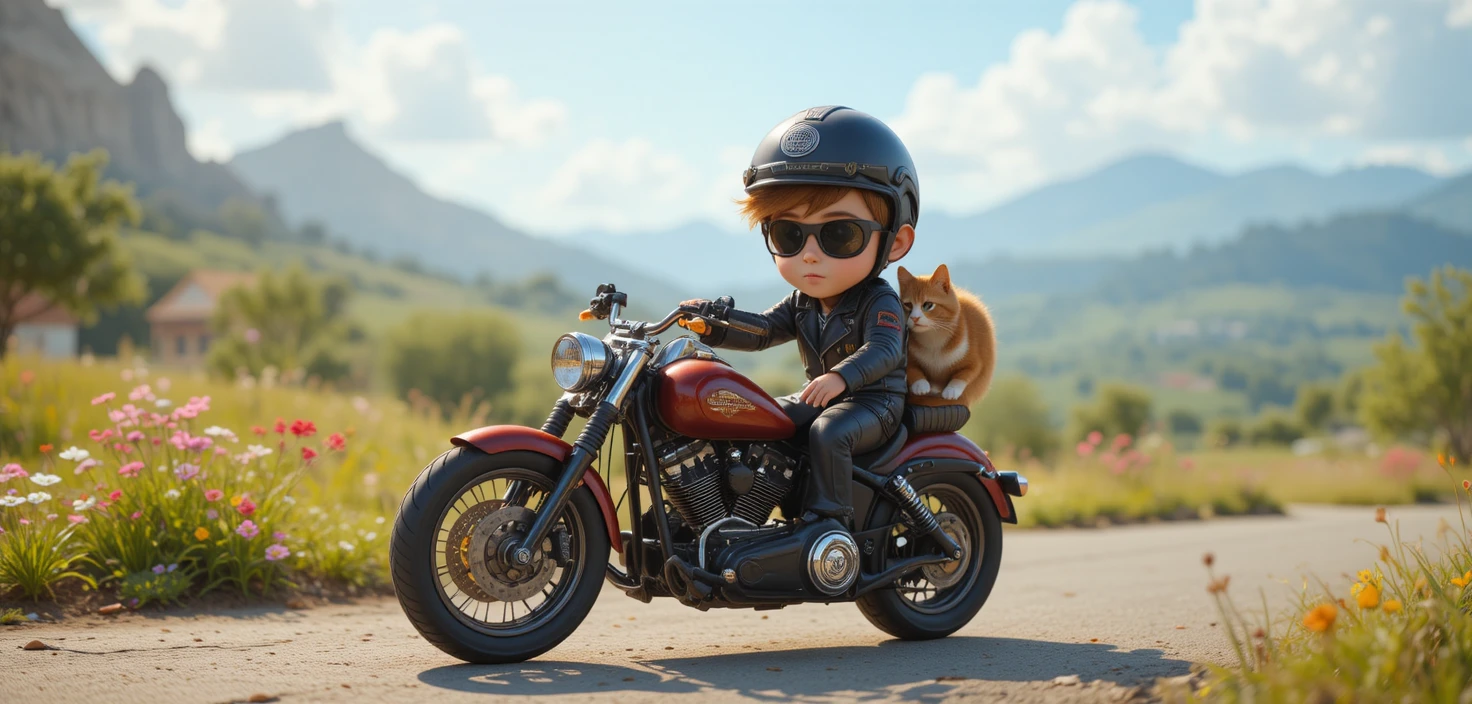 Pequeno motociclista andando de moto com pelúcia de gato no verão