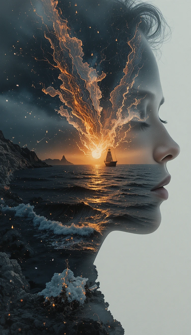 Collage a doppia esposizione intenso tra memoria e spazio cosmico
