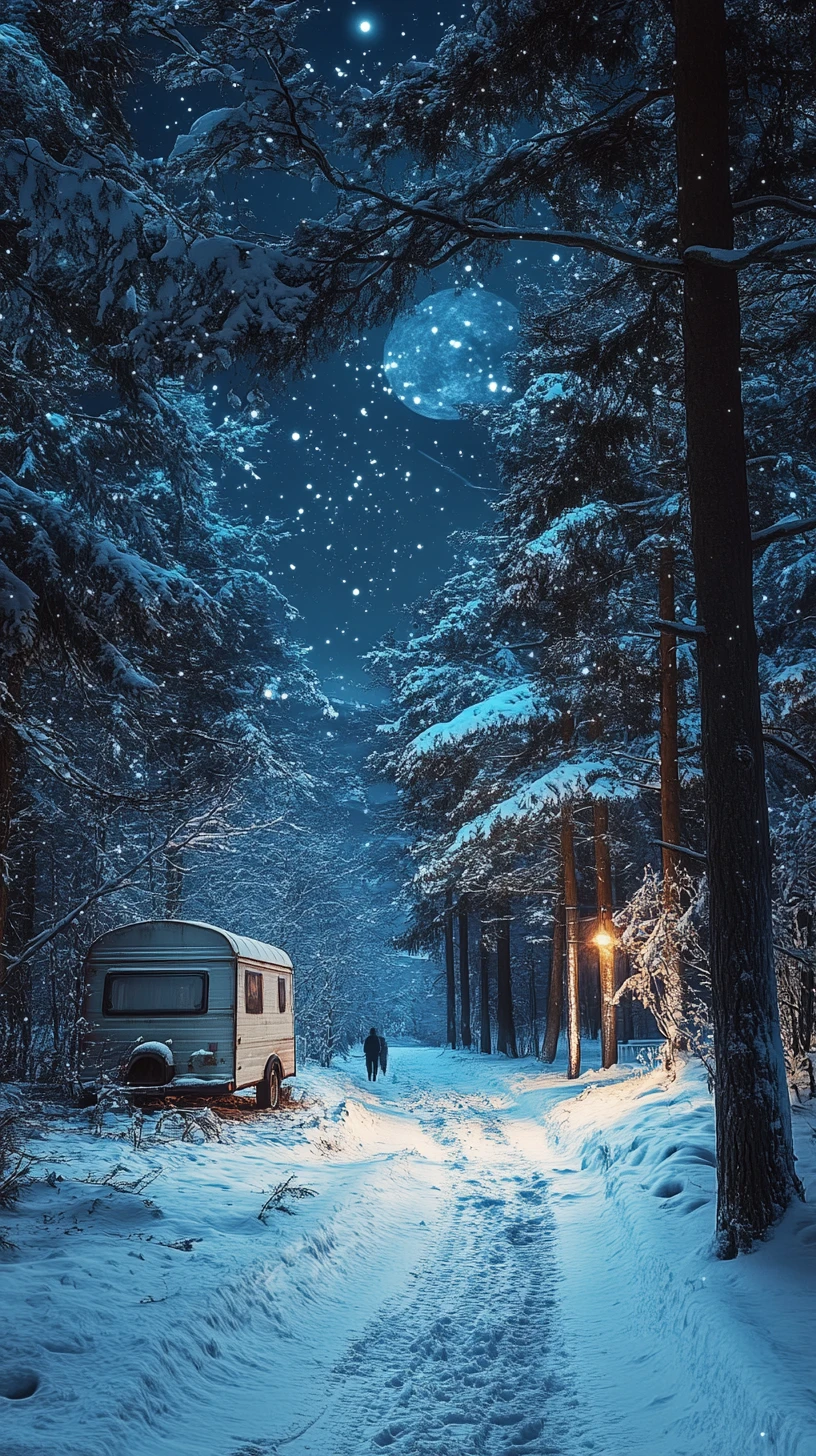 月光下的雪地森林小徑與遠方行走的人影