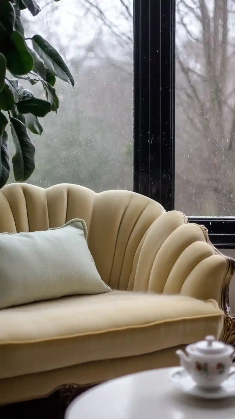 Velvet shell sofa by window on a rainy winter day