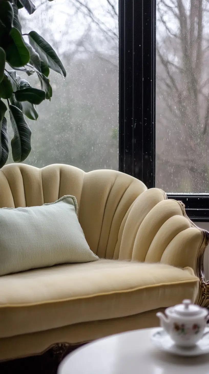 Velvet shell sofa by window on a rainy winter day