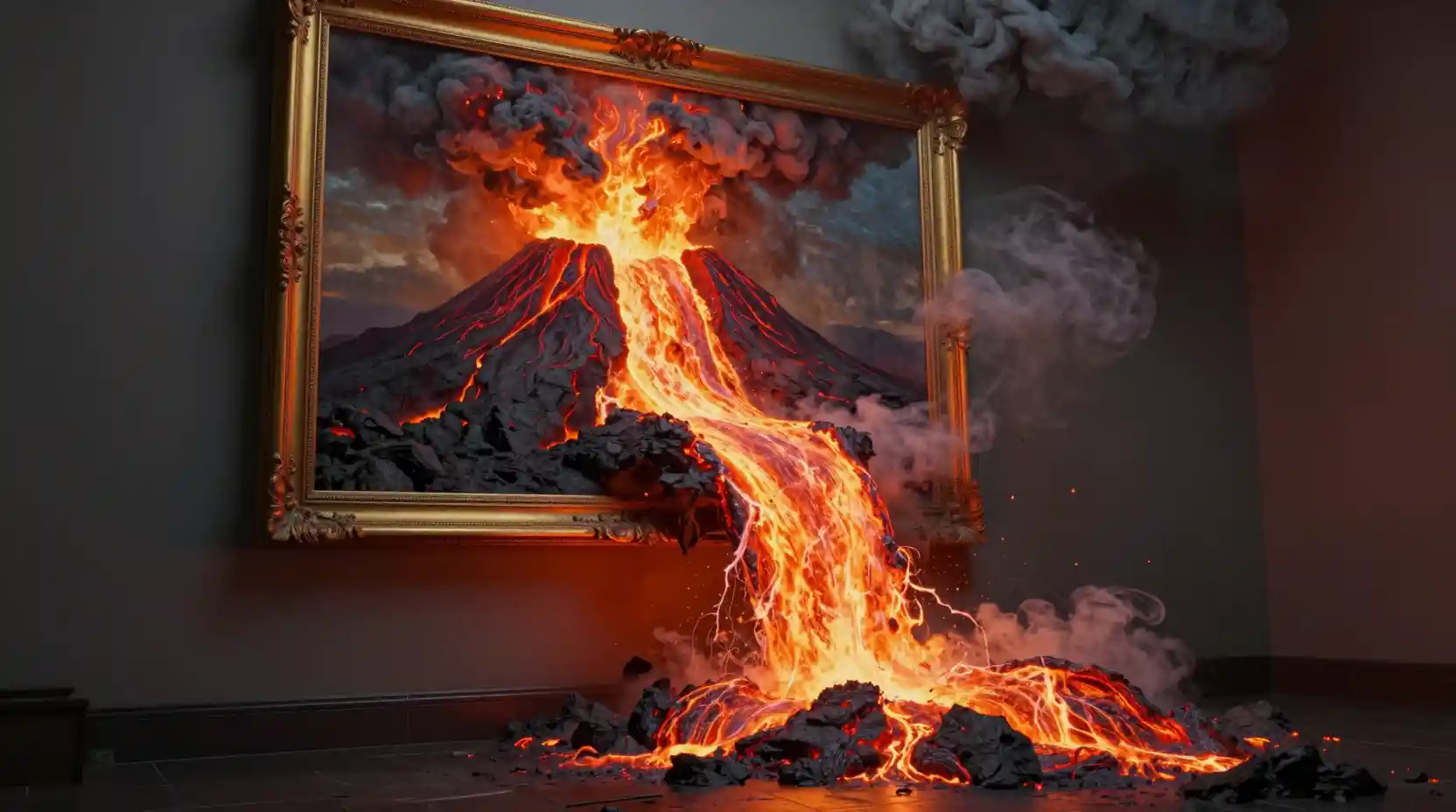 Lava Erupting From Framed Painting Into A Room
