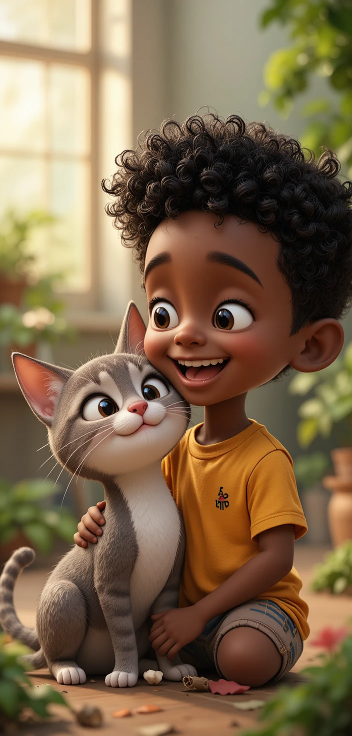Playful African child smiling with a cute kitten companion