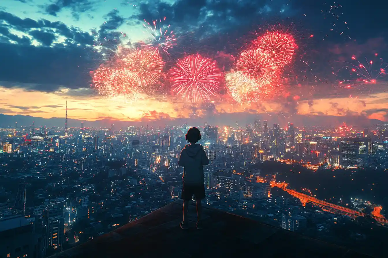 花火が上がる空の下でビルの屋上に立つアニメ少年