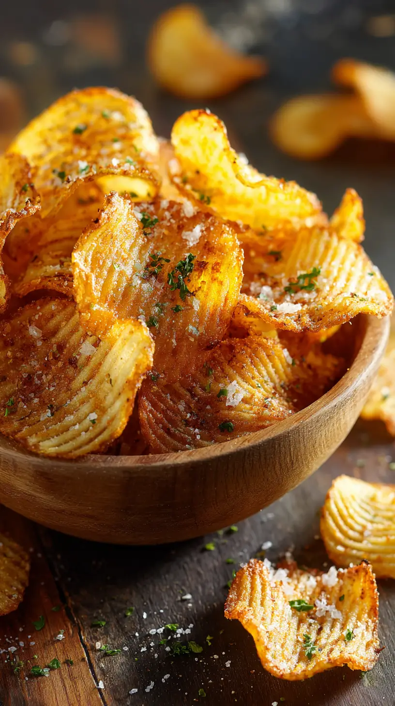 Crispy Potato Chips In Rustic Wooden Bowl On Table