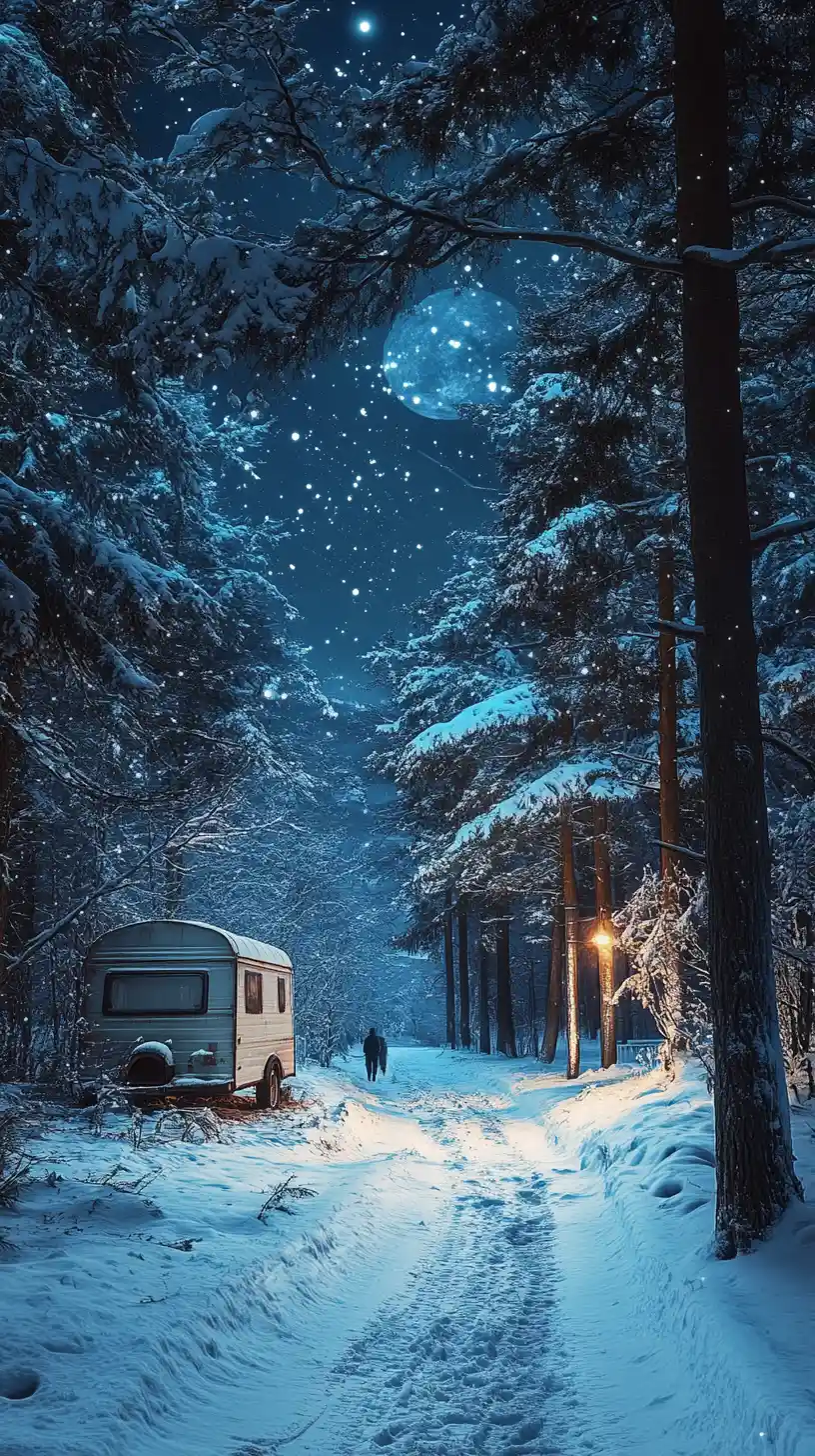 Trilha nevada na floresta ao luar com figuras caminhando ao longe