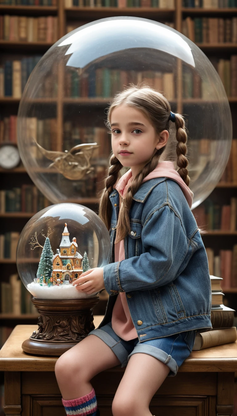Girl Holding Magical Snow Globe In Antique Library