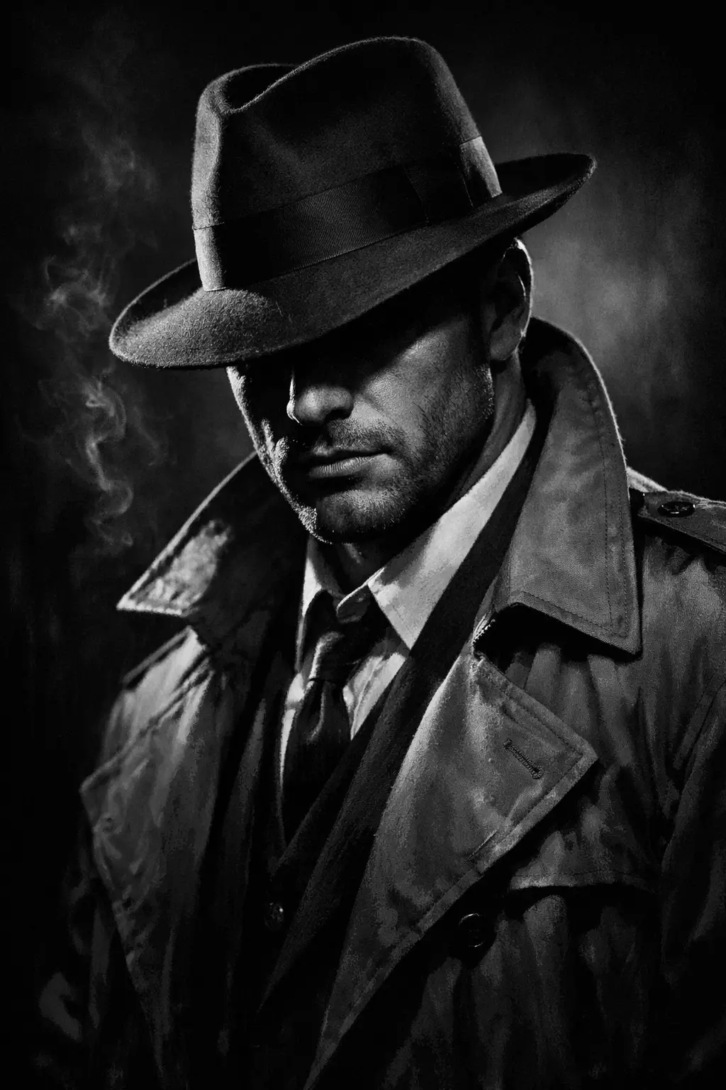 Noir black and white portrait of a classic male detective
