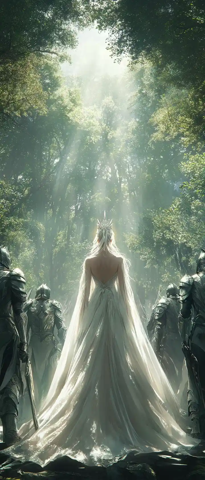 Elven queen before an ancient forest with warriors