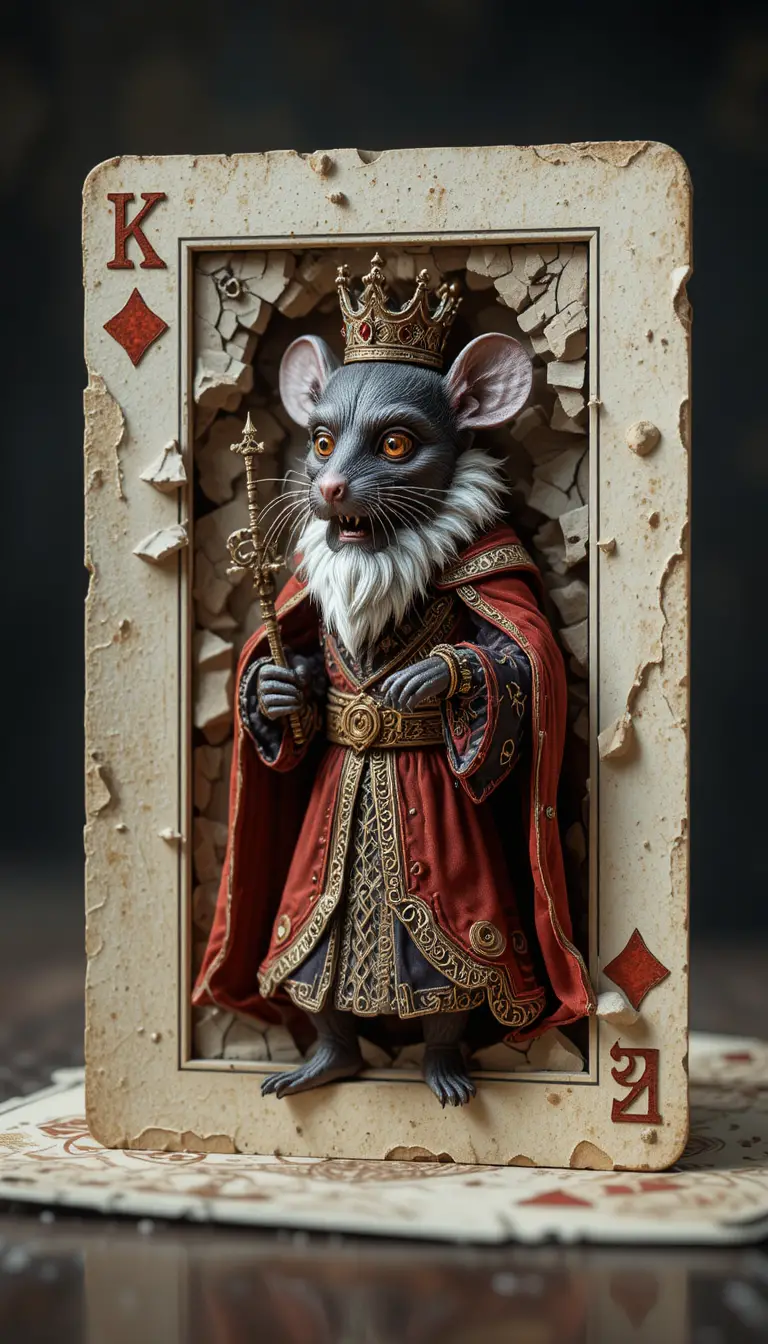 Three dimensional wicked mouse king rising from a card