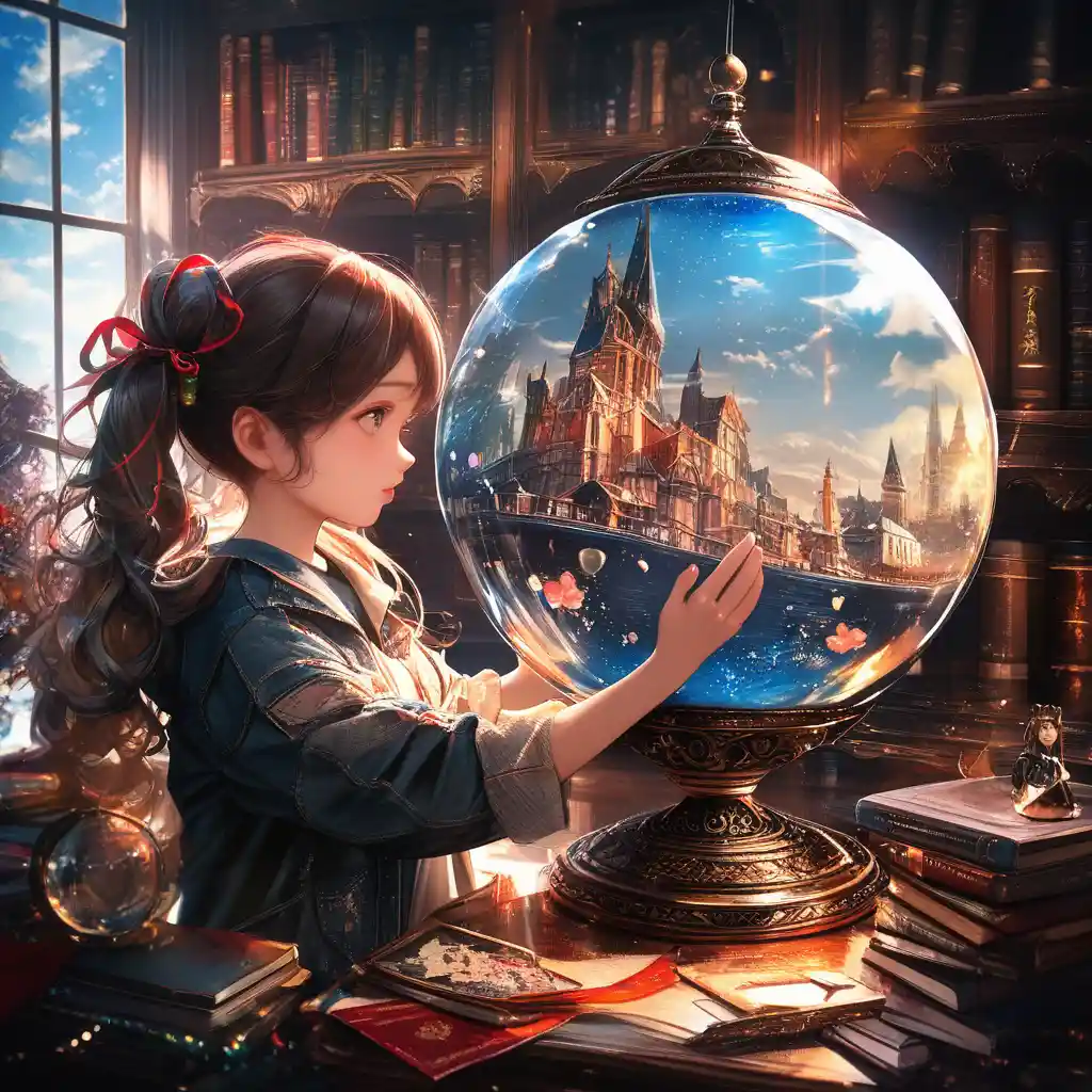 Niña con bola de nieve mágica en una biblioteca antigua